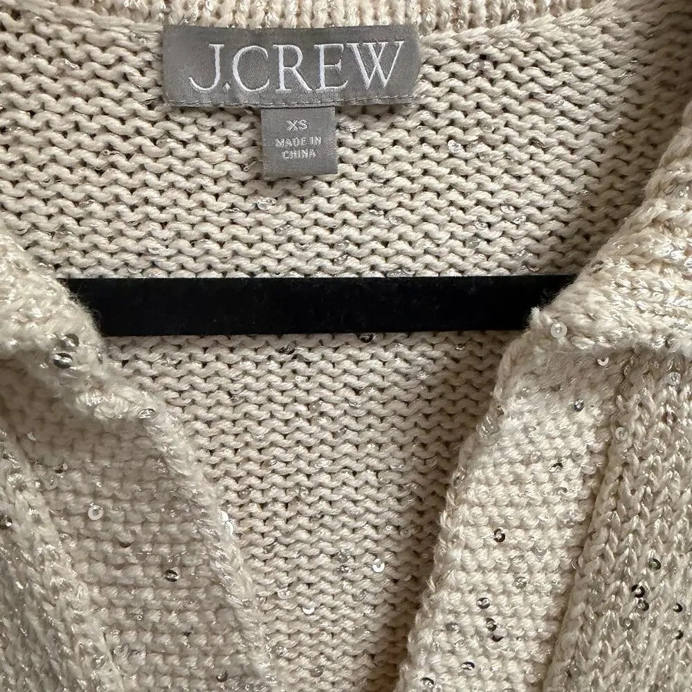 J. Crew Sequin Sweater Polo Cream Silver Sequins Long Sleeve Womens XS Neutral